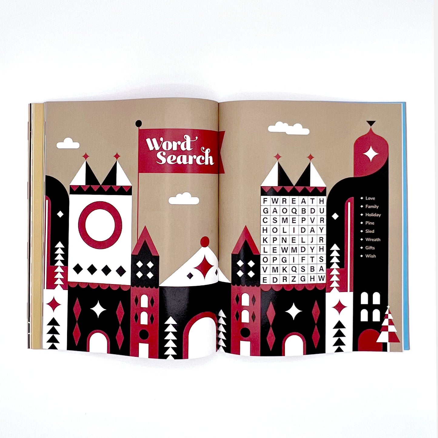 Preview of inside pages showcasing various holiday-themed paper crafts and activities.