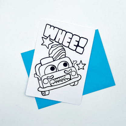 "Whee! Giggle Wheels" Coloring Postcard