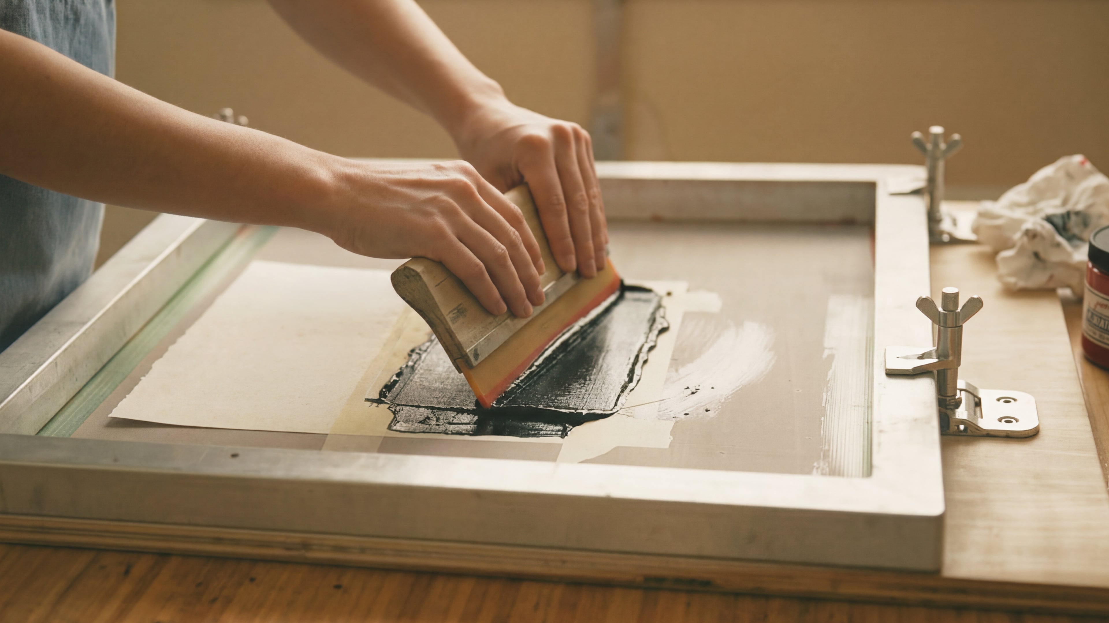 Hands pulling a squeegee across a screen printing frame in a Los Angeles studio